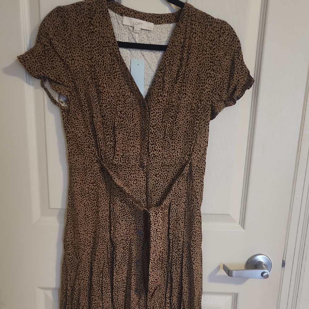 LOFT Tan Animal Print Midi Dress